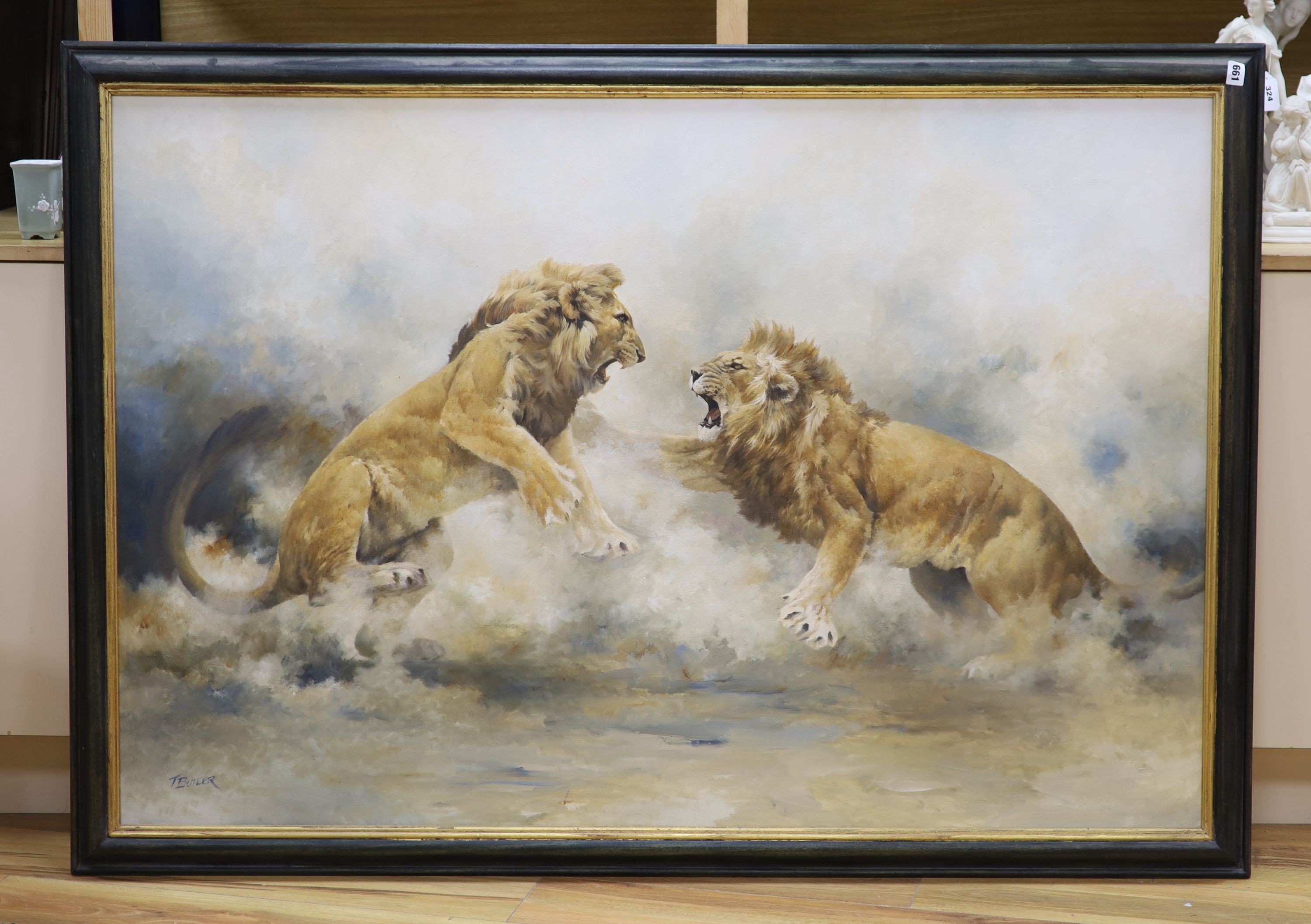 Tony Butler (1945-), oil on canvas, Fighting lions, signed, 96 x 144cm